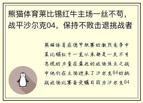 熊猫体育莱比锡红牛主场一丝不苟，战平沙尔克04，保持不败击退挑战者 - 副本